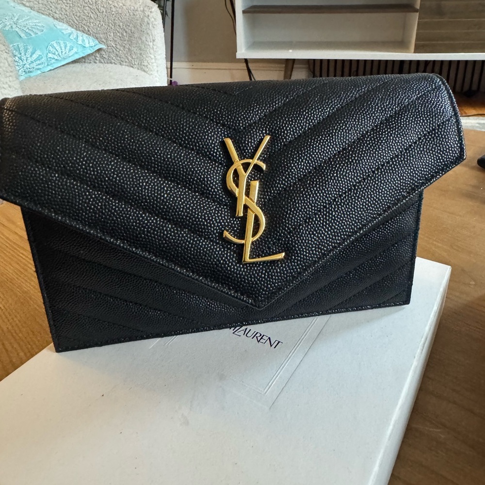 Saint Laurent Black Chevron Clutch with Gold Logo - Picture 10 of 13